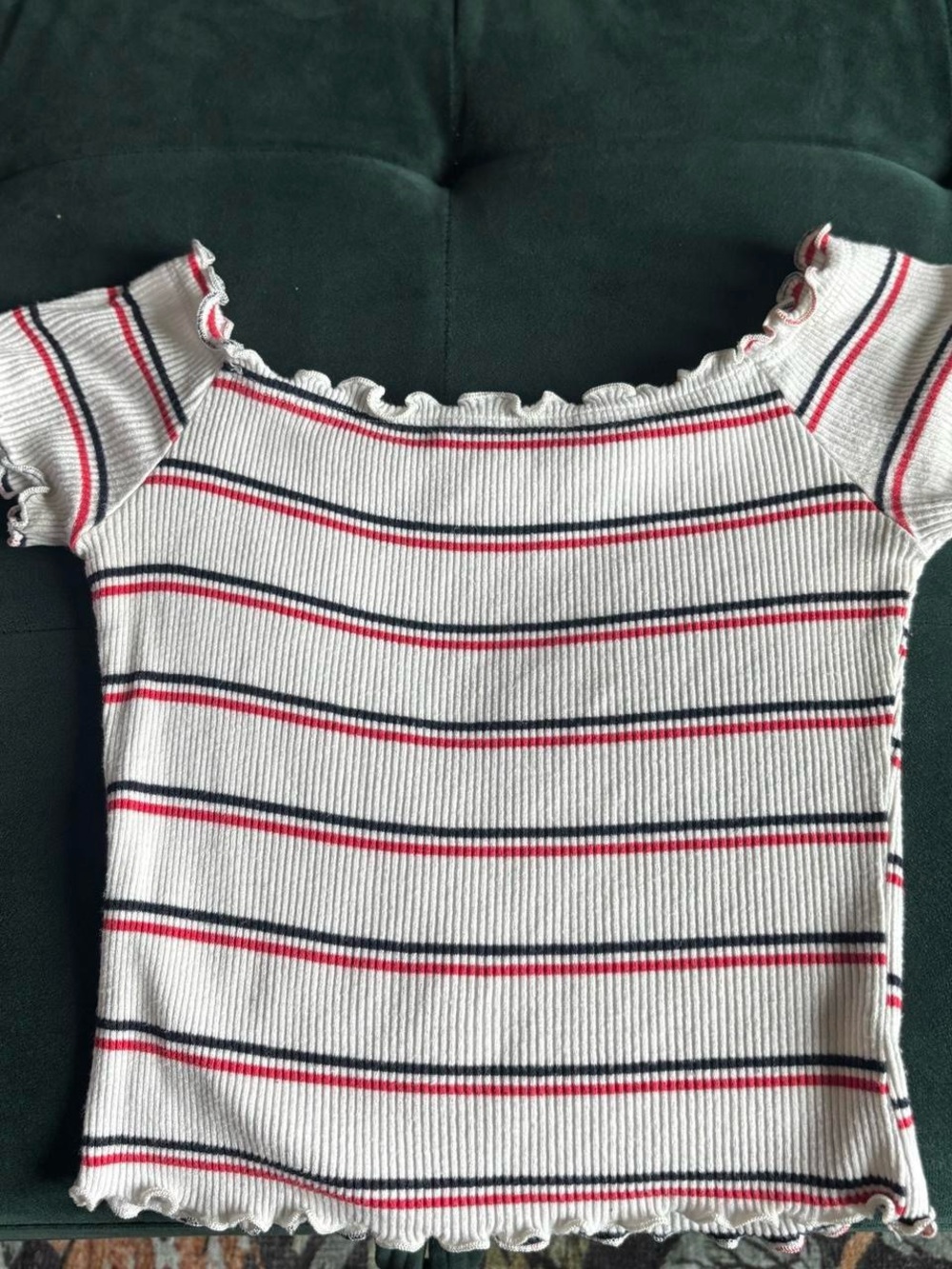 White Ribbed Off-Shoulder Top with Red & Navy Stripes and Lettuce Hem